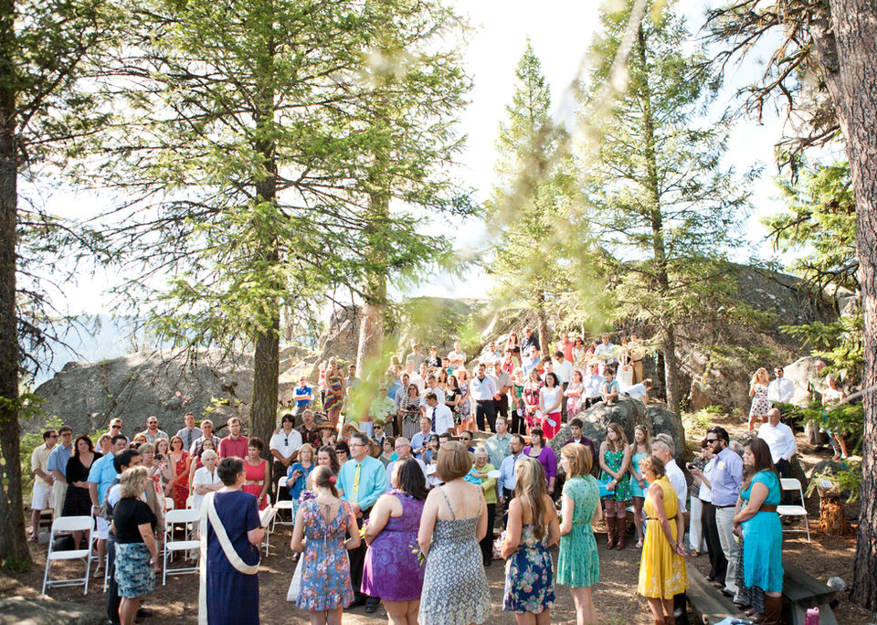 View of guests at wedding ceremony at Chapel of the Holy Spirit.